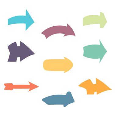 Dokuz tane çok renkli çeşitli okları ayarlayın. Vektör illustratio