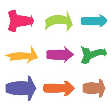 Dokuz tane çok renkli çeşitli okları ayarlayın. Vektör illustratio