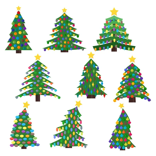 Set de nueve árboles de Navidad con bolas de Navidad — Vector de stock