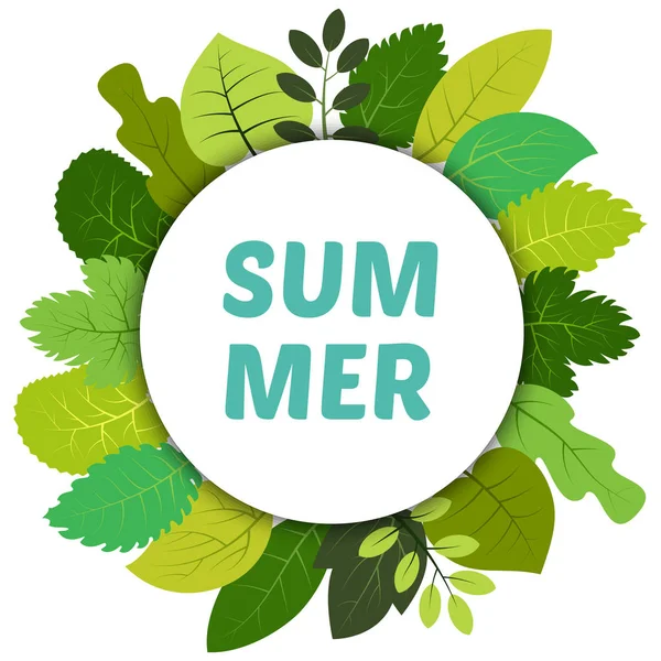 Πράσινο Καλοκαίρι Αφήνει Κάτω Από Λευκό Καλοκαίρι Στρογγυλή Ετικέτα Και — Διανυσματικό Αρχείο