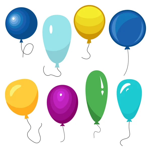 Conjunto Oito Balões Coloridos Com Uma Corda Isolada Sobre Fundo — Vetor de Stock