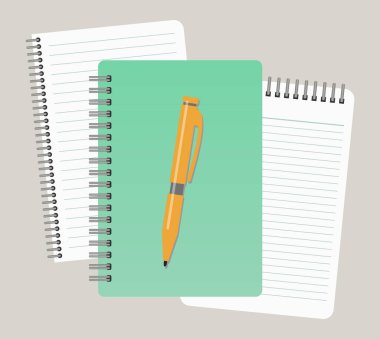 Üç Not defterleri ve bir kalem. Vektör illustratio