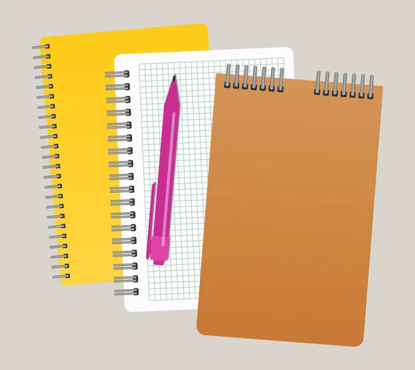 Tres Cuadernos Bolígrafo Ilustración Del Vector — Vector de stock