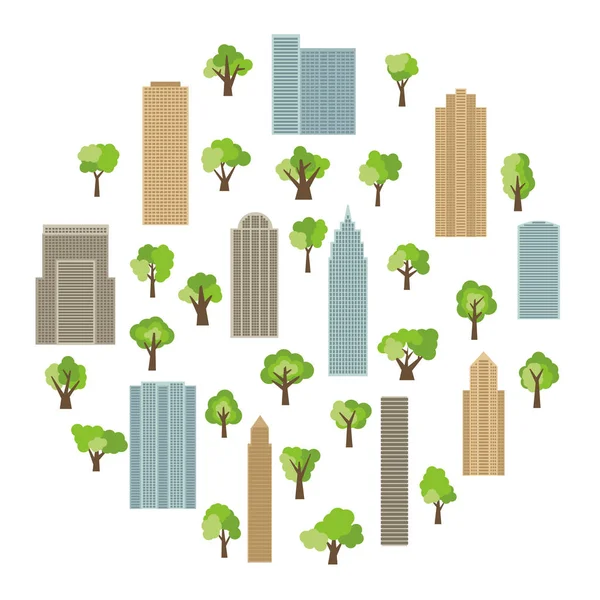 Μοντέρνα Κτίρια Και Ουρανοξύστες Πράσινα Δέντρα Στον Κύκλο Διάνυσμα Illustratio — Διανυσματικό Αρχείο