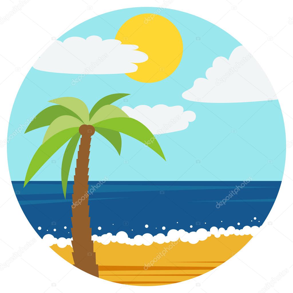 Natural cartoon landscape in circle. Vector illustration in the flat style with palm in the summer beach