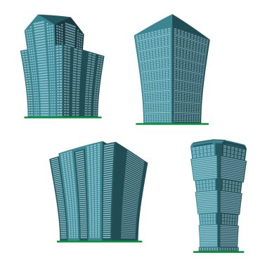 Beyaz bir arka plan üzerine bina dört modern yüksek katlı kümesi. Alt yapı görünümünü. İzometrik vektör çizim