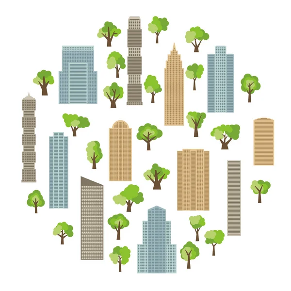 Μοντέρνα Κτίρια Και Ουρανοξύστες Πράσινα Δέντρα Στον Κύκλο Διάνυσμα Illustratio — Διανυσματικό Αρχείο
