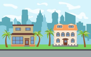 Şehir iki iki katlı karikatür ev ile vektör ve güneşli bir günde palmiyeler. Yaz kentsel peyzaj. Bir adam ile cityscape sokak görünümü