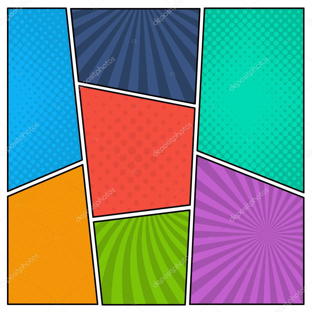 Colorful comic book page background in pop art style. Empty template with rays and dots pattern. Vector illustratio