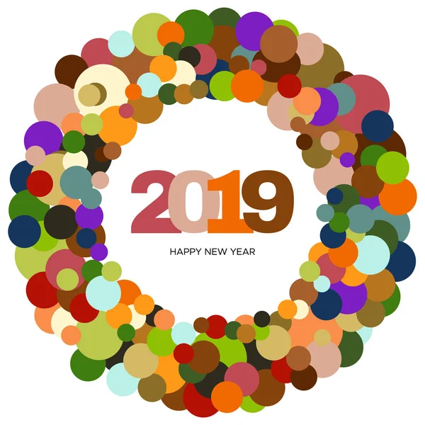 Ring of multi-colored circles and the inscription Happy New Year 2019 inside — Stock Vector