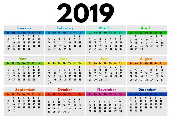 Calendario 2019 aislado sobre un fondo blanco — Vector de stock