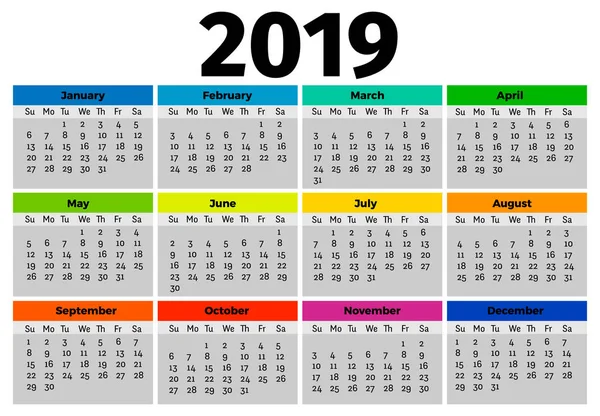 Calendario 2019 aislado sobre un fondo blanco — Vector de stock
