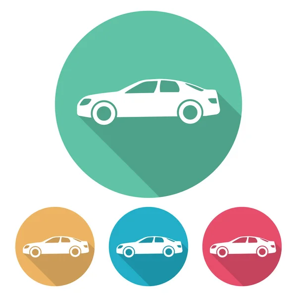 Conjunto de cuatro coches de estilo plano en círculos multicolores — Vector de stock