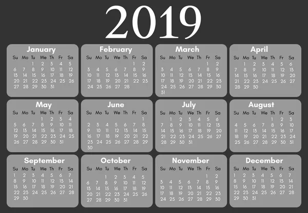 Calendario 2019 aislado sobre fondo negro — Vector de stock