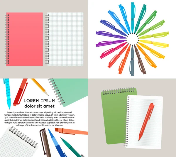 Ilustración vectorial con cuadernos, plumas y lápices — Vector de stock