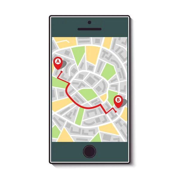 Mobiltelefon mit Stadtplan und Route — Stockvektor