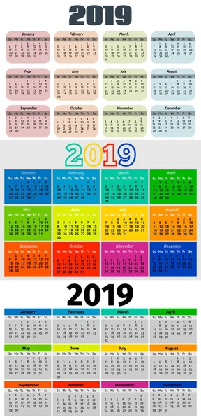 Conjunto de tres calendarios de domingo a lunes 2019 — Vector de stock