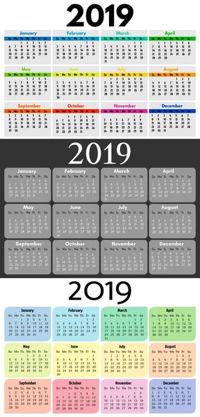Conjunto Tres Calendarios Domingo Lunes 2019 Ilustración Vectorial — Vector de stock