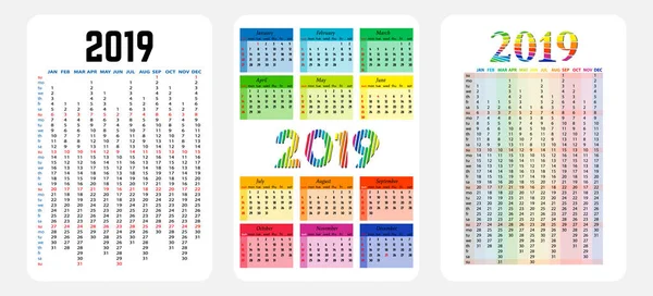 Conjunto de tres calendarios 2019 sobre fondo blanco — Vector de stock