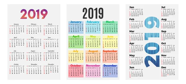Conjunto de tres calendarios 2019 sobre fondo blanco — Vector de stock