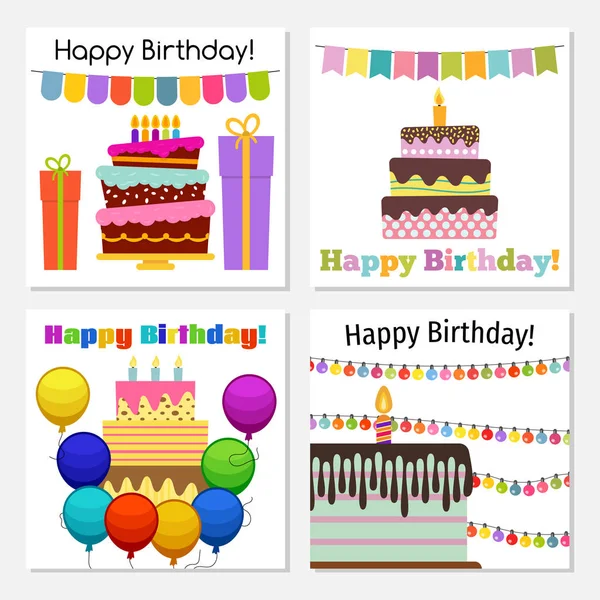 Vier Glückwunschkarten mit süßem Kuchen zum Geburtstag — Stockvektor
