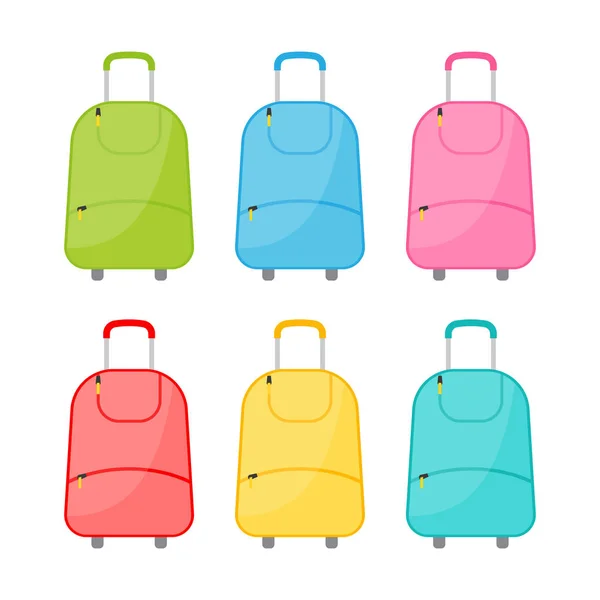 Set mit sechs bunten Reisetaschen auf Rädern — Stockvektor