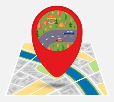 Park yolu ile harita üzerinde nokta ile hayali bir şehir haritası. Vektör çizim... Vektör çizim. 