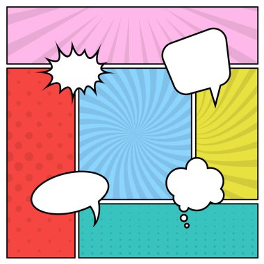 Renkli çizgi roman sayfa arka planda pop sanat tarzı boş konuşma balonları ile. Şablon ışınları ve nokta desenli. Vektör çizim 