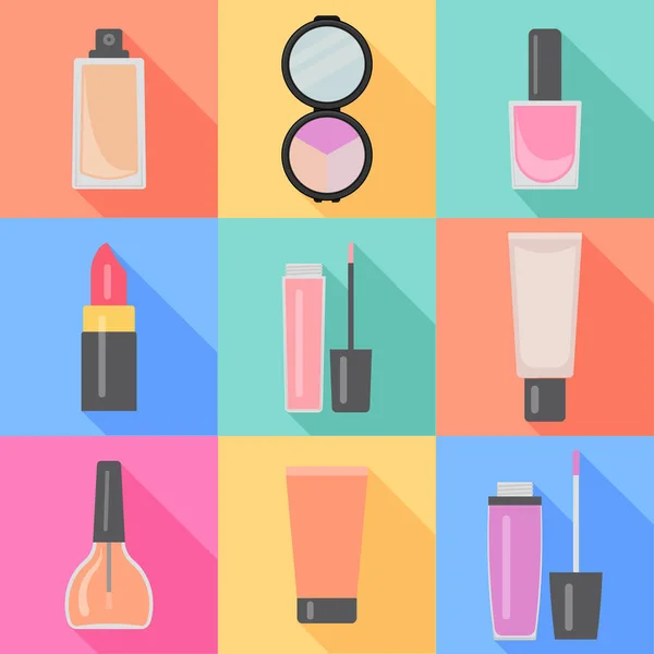 Conjunto de nueve artículos de maquillaje en estilo plano con sombra — Vector de stock