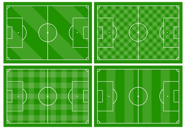 Ensemble de quatre terrains de football avec différents ornements d'herbe verte — Image vectorielle