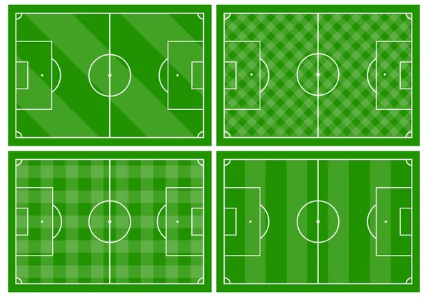 Conjunto de cuatro campos de fútbol con diferentes adornos de hierba verde — Vector de stock