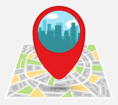 Gökdelenlerin ev içinde belgili tanımlık geçmiş ile harita üzerinde nokta ile hayali bir şehir haritası