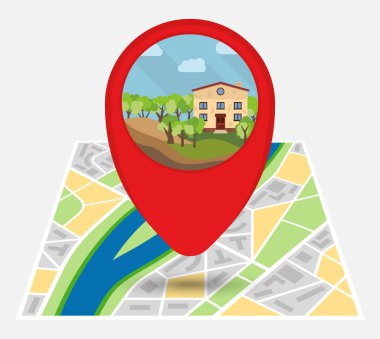 Yalnız bir ev ile harita üzerinde nokta ile hayali bir şehir haritası