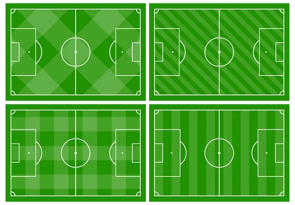 Conjunto de cuatro campos de fútbol con diferentes adornos de hierba verde — Archivo Imágenes Vectoriales