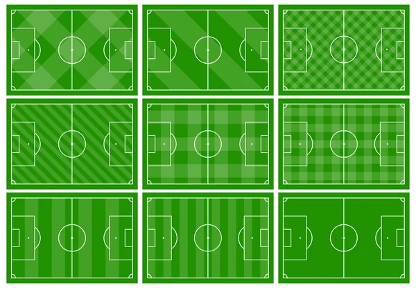 Conjunto de nueve campos de fútbol con diferentes adornos de hierba verde — Archivo Imágenes Vectoriales