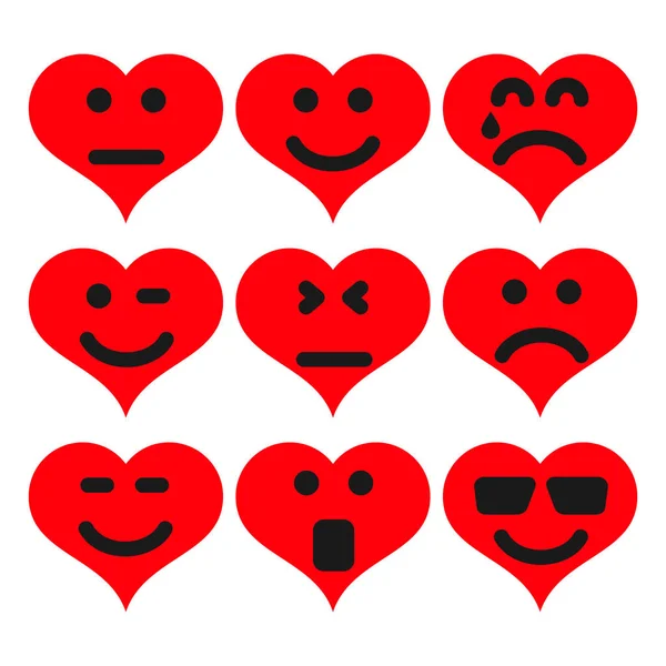 Set of nine cartoon hearts with emotions