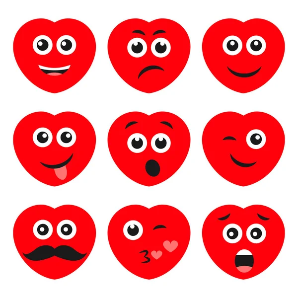 Σύνολο εννέα καρδιές κινουμένων σχεδίων με συναισθήματα — Διανυσματικό Αρχείο