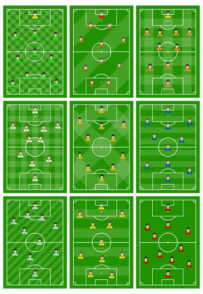 Sada devíti fotbalových hřišť s jiné schéma hráčů na hřišti — Stockový vektor