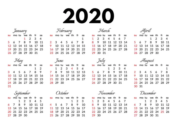 Calendar for 2020 isolated on a white background — Stock Vector