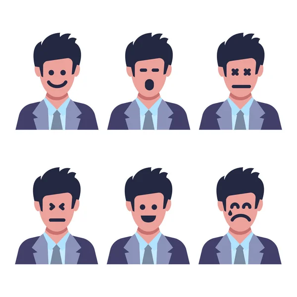 Set von sechs Männern mit unterschiedlichen Gesichtsgefühlen — Stockvektor