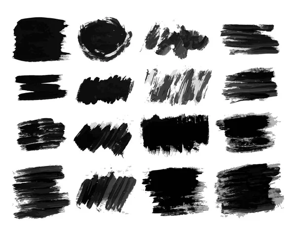 Set de dieciséis manchas de tinta dibujada a mano negra — Vector de stock