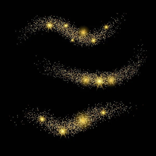 Set of three Light Waves with Gold Glitter Effect — Stock Vector