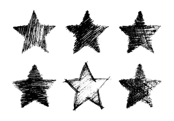 Set de seis estrellas negras dibujadas a mano — Vector de stock