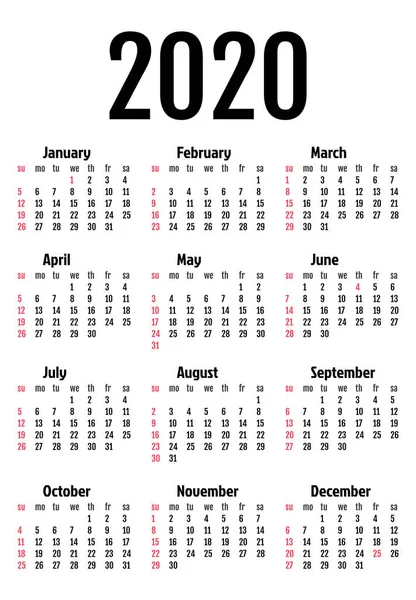 白い背景に分離した 2020 年のカレンダー — ストックベクタ