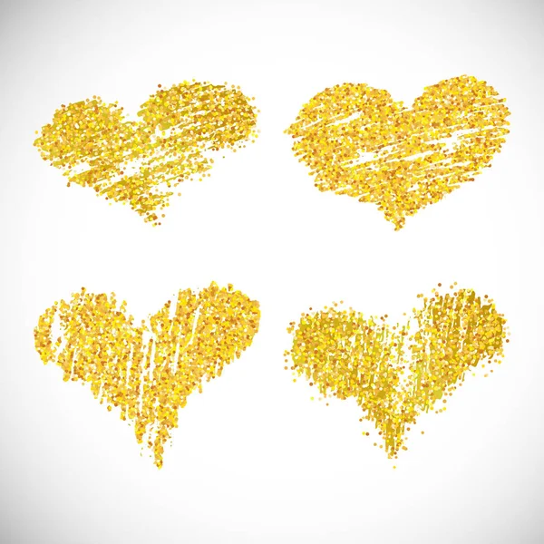 Set von vier handgezeichneten goldenen Glitzerherzen — Stockvektor