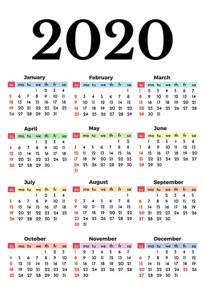 Calendar for 2020 isolated on a white background — Stock Vector