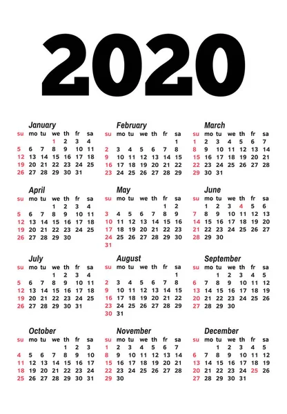 Calendrier 2020 isolé sur fond blanc — Image vectorielle