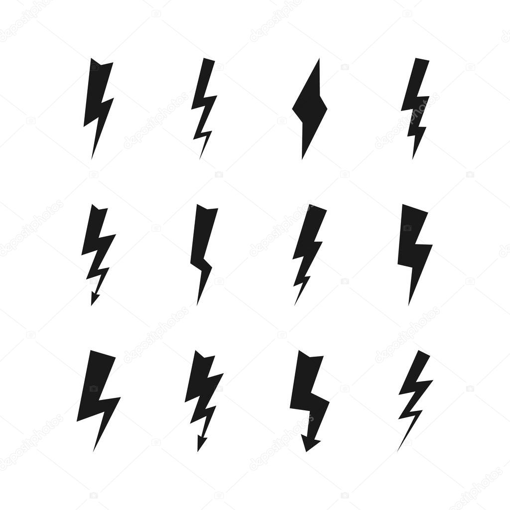 Set of twelve dark thunderstorms. Thunderbolt and high voltage black icons on white background. Vector illustration.