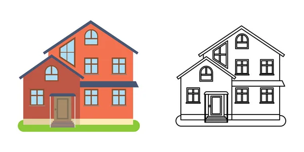 Casa vista frontal en estilo plano y de línea — Vector de stock