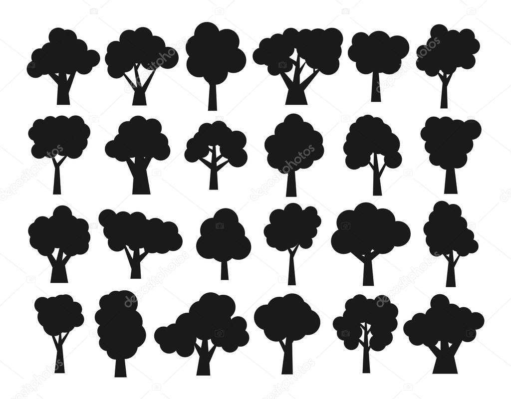 Set of different dark silhouettes of trees